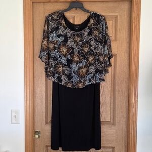 Connected Apparel Black & Bronze Floral Chiffon Overlay Dress, 24W, Worn Once